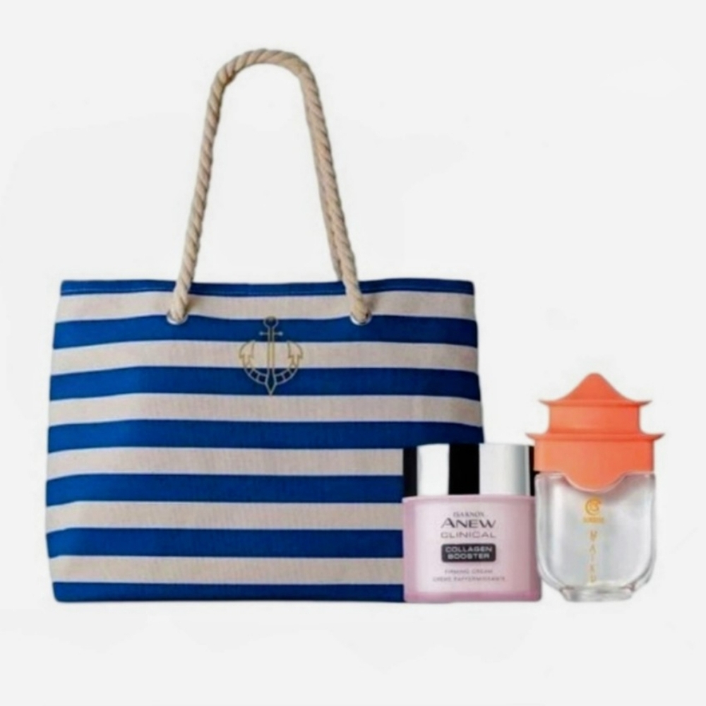 💝Avon 3 Pieces Set Fragrance, Isa Knox Cream Striped Tote Bag New